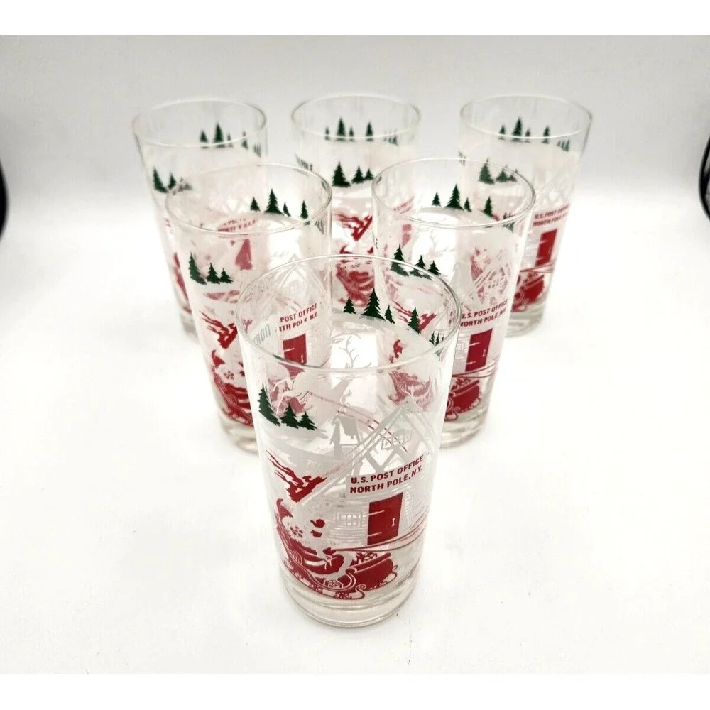 Libbey MCM Santa Reindeer North Pole Post Office Drinking Glasses Set of 6 RARE